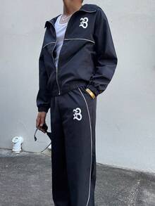 Ngobest Haus Ngobest Haus 男士字母印花连帽拉链夹克和撞色滚边长裤套装，男士两件套，男士街头服饰套装，男士运动服套装，慢跑服，男士慢跑套装，防风夹克/户外防风夹克，派克大衣，街头服饰，慢跑，慢跑套装，运动服套装，男士街头服饰两件套，秋季服装 - 黑色 - 查看 1