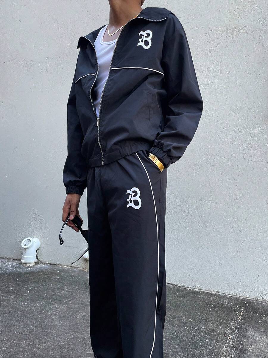 Ngobest Haus Ngobest Haus 男士字母印花连帽拉链夹克和撞色滚边长裤套装，男士两件套，男士街头服饰套装，男士运动服套装，慢跑服，男士慢跑套装，防风夹克/户外防风夹克，派克大衣，街头服饰，慢跑，慢跑套装，运动服套装，男士街头服饰两件套，秋季服装 - 黑色 - 查看 1