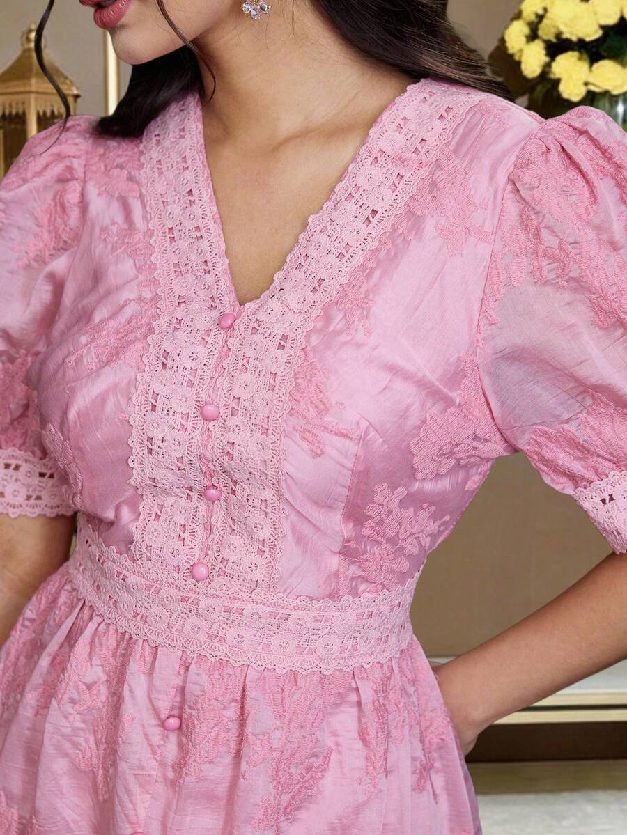 Modelyn V-Neck Embroidered Petal Sleeve Pink Dress - Pink - View 1