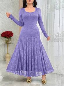 Modelyn Elegant Square Neck Lace Cinched Waist Fishtail Cocktail Dress - Purple - View 3