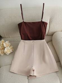 SHEIN Franclia 休闲百搭连体裤吊带上衣搭配卡其色短裤/半裙/阔腿裤，女士春夏两件套 - 卡其色 - 查看 2