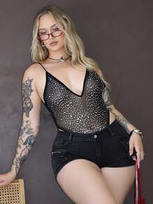 Arliah 派对用水钻闪光露背透明性感紧身衣 - 黑色 - 查看 5