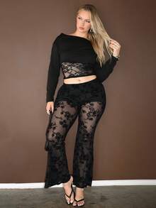 Arliah 女式性感植绒透明网眼喇叭裤 - 黑色 - 查看 4