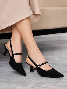 Sleekvia 女士新款高跟鞋，尖头，细高跟，后跟带，绒面革鞋带，简约舒适，百搭优雅通勤鞋 - 啞光黑色 - 查看 8