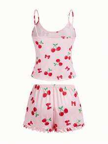 Women's Cherry Print Cami Top And Shorts Pajama Set Holiday Season - Pink - View 2