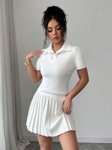 SHEIN Elenzya 2pcs/Set Women's Fashionable Preppy Korean Style 2 In 1 Sweater Top And Pleated Mini Skirt, Slimming, Spring/Summer - White - View 6