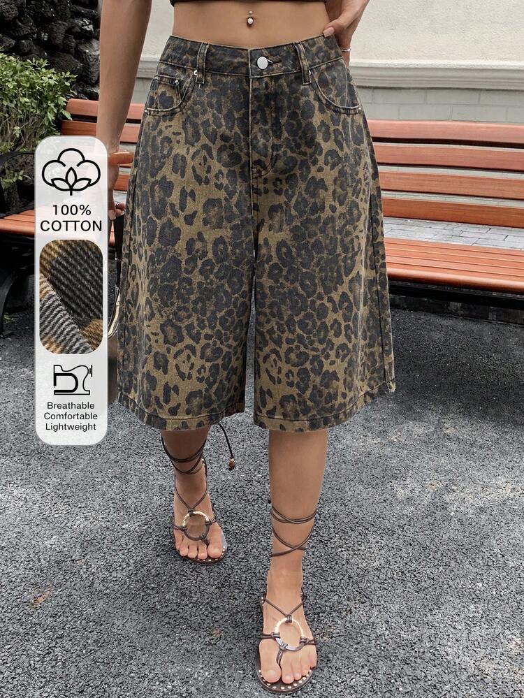 Women's Leopard Print Casual Loose Denim Shorts Summer Jorts