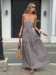 Pariaura Women's Backless Criss-Cross Striped Spaghetti Strap Dress, Vacation - Khaki - View 2