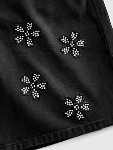 ROMWE MEN Street Life Men's Sparkling Diamond Floral Print Loose Denim Shorts - Black - View 2