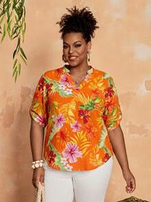 BrightlyHer 大码女式印花V领休闲百搭日常衬衫 - 亮橙色 - 查看 4