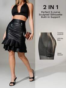 Nuvra Women's 2-In-1 Leather Double-Layer Black Slimming Skirt With Lining, Waist Cinching And Hip Lifting - Black - View 1
