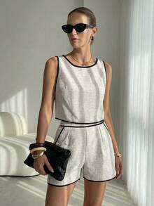 Lavishia 女士圆领无袖上衣和口袋短裤休闲套装，适合度假、夏季穿着，也适合办公室穿着。粗花呢两件套，现代风格，款式多样，包括粗花呢连衣裙和欧式夏季服装。 - 杏色 - 查看 8