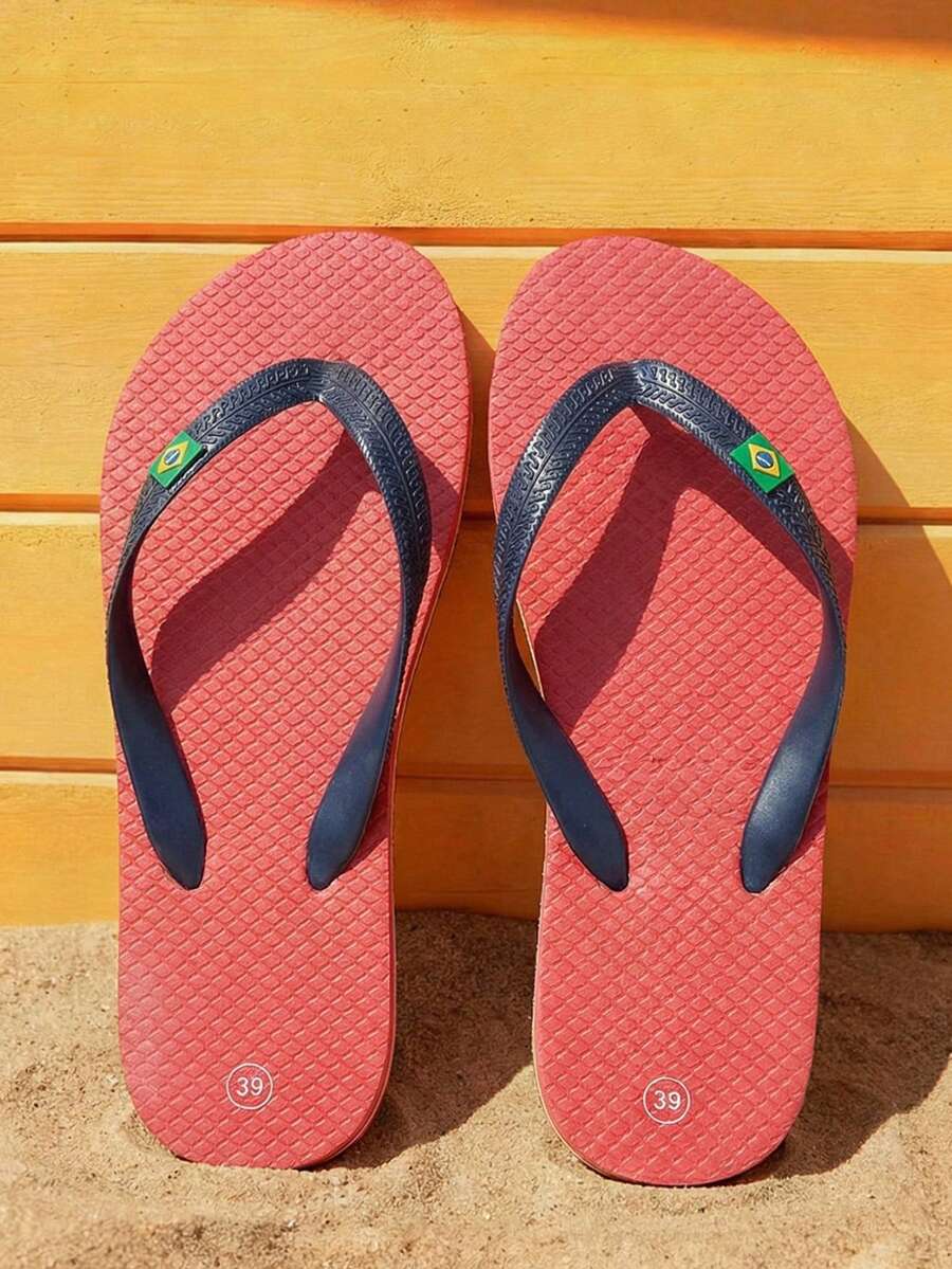 Grefit Tongs de plage à fond plat avec imprimé assorti, convenant pour le port intérieur et extérieur, tongs de plage légères et confortables, antidérapantes, convenant pour la marche extérieure, le style de rue, tongs à fond plat multifonctionnelles, convenant pour le port intérieur et extérieur, style tropical en saison des vacances, design de couleur unie, convenant pour le printemps et l'été, saison de la rentrée scolaire - Rouge corail avec bleu marine - Voir 1