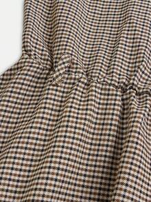 SHEIN Serisse Kids Tween女孩休閒時尚優雅棕色格紋通勤立領荷葉腰卡其色A字洋裝附腰帶 - 棕色 - 查看 8