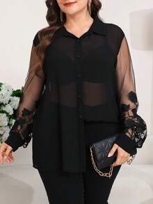 Reflora Plus Size Women Black Mesh Patchwork Long Sleeve Button Down Loose Blouse,Elegant Summer Formal Sheer Top,Floral Embroidered Evening Night Out Club - Black - View 6