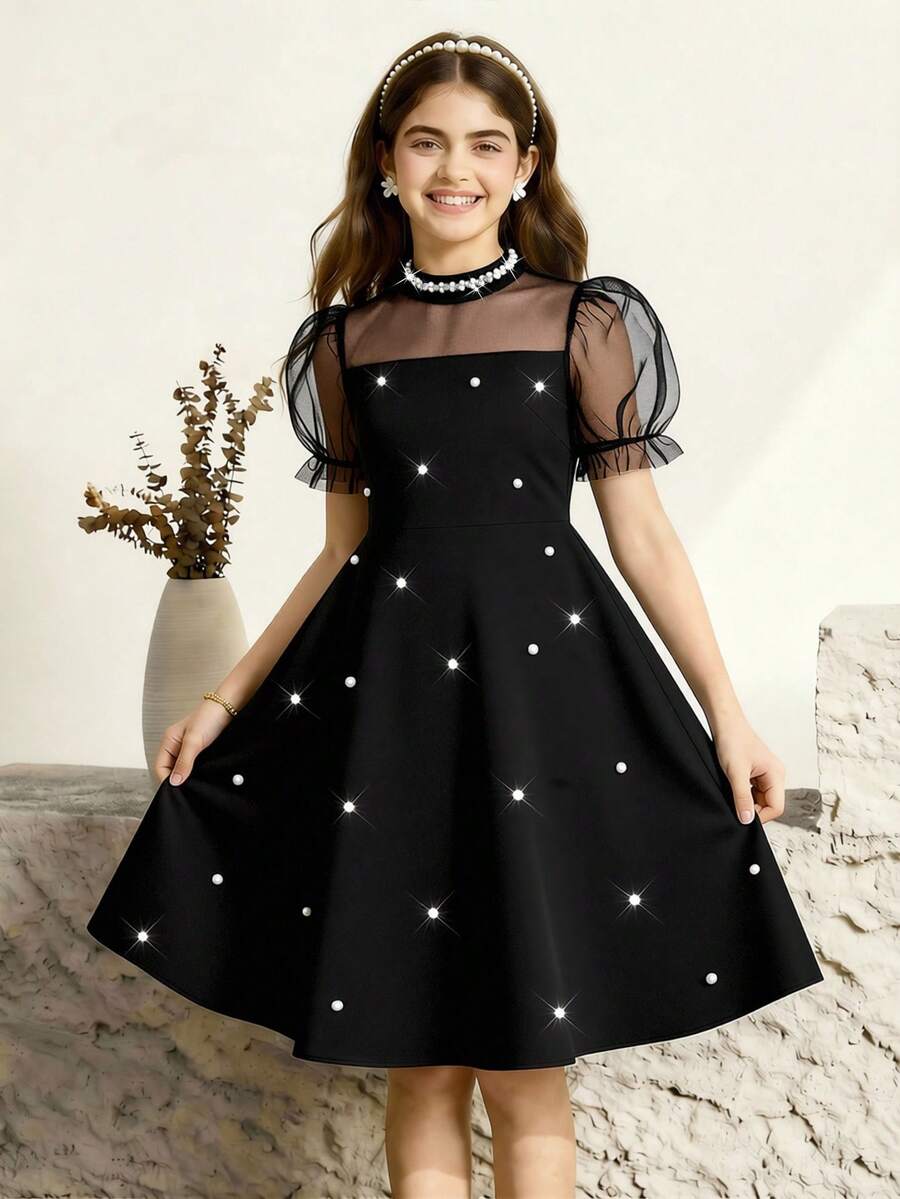 Elegante y lujoso vestido negro de malla con cuentas, adecuado para galas de noche, bodas, niña de las flores, bailes de graduación y otras ocasiones - Negro - Ver 1