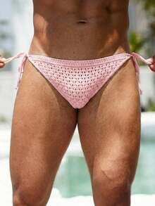 Manfinity Swimmode Men's Vacation Pink Beach Knit Drawstring Briefs Summeroutfit Mens Swim Thong Men Speedos Men Bikini Mens Bathing Suit Bottoms Jockstrap Men - Pink - View 4