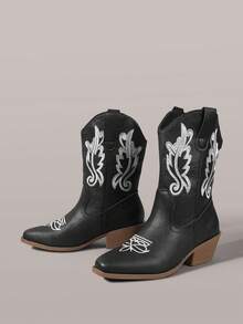 Styleloop Stivali neri da donna con punta affusolata e tacco basso, stile western, stivali alti da cavallerizza con chiusura a trazione, stivali in pelle con ricamo a V, stivali alla caviglia, adatti per festival musicali, feste, stile vintage americano, vacanze e viaggi - Abbinamento del colore nero - Visualizzare 2