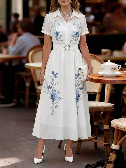 SHEIN Elegant Half-Placket Shirt Dress, French Retro Blue Floral Print, Luxurious Graceful Holiday Dress For Women