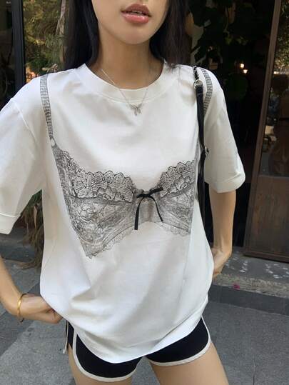 DAZY Women's Bowknot 2 In 1 Lace Short Sleeve T-Shirt, Versatile Korean Style