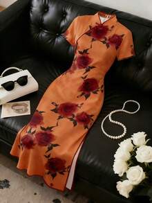 SHEIN LUNE 针织印花圆领短袖女式连衣裙 - 亮橙色 - 查看 4