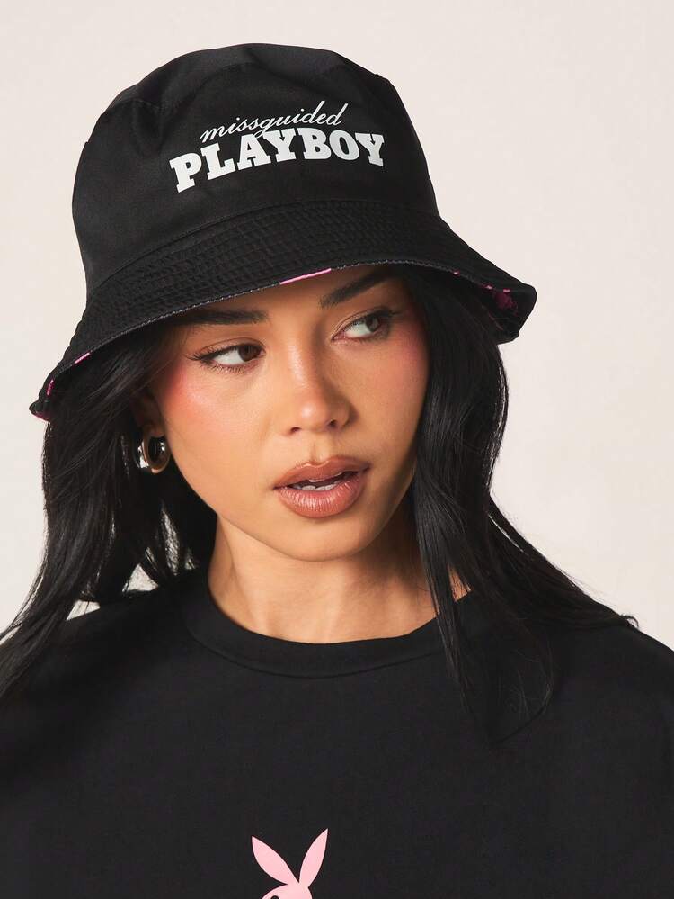 Missguided x Playboy Logo Bucket Hat With Pink Bunny Print Black Streetwear Festival Summer Hat