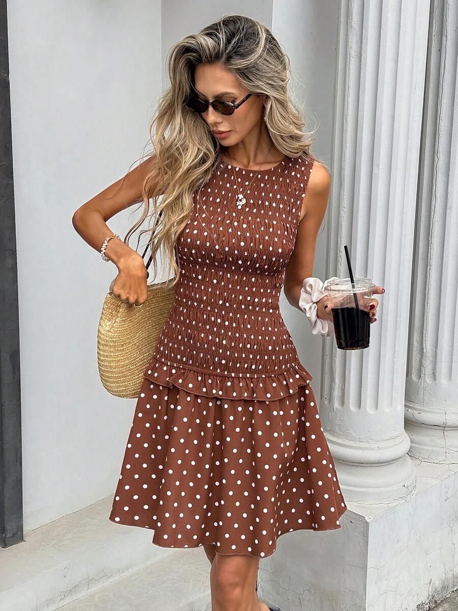 Pariaura 女士波点图案褶皱荷叶边下摆无袖连衣裙 - 棕色 - 查看 1