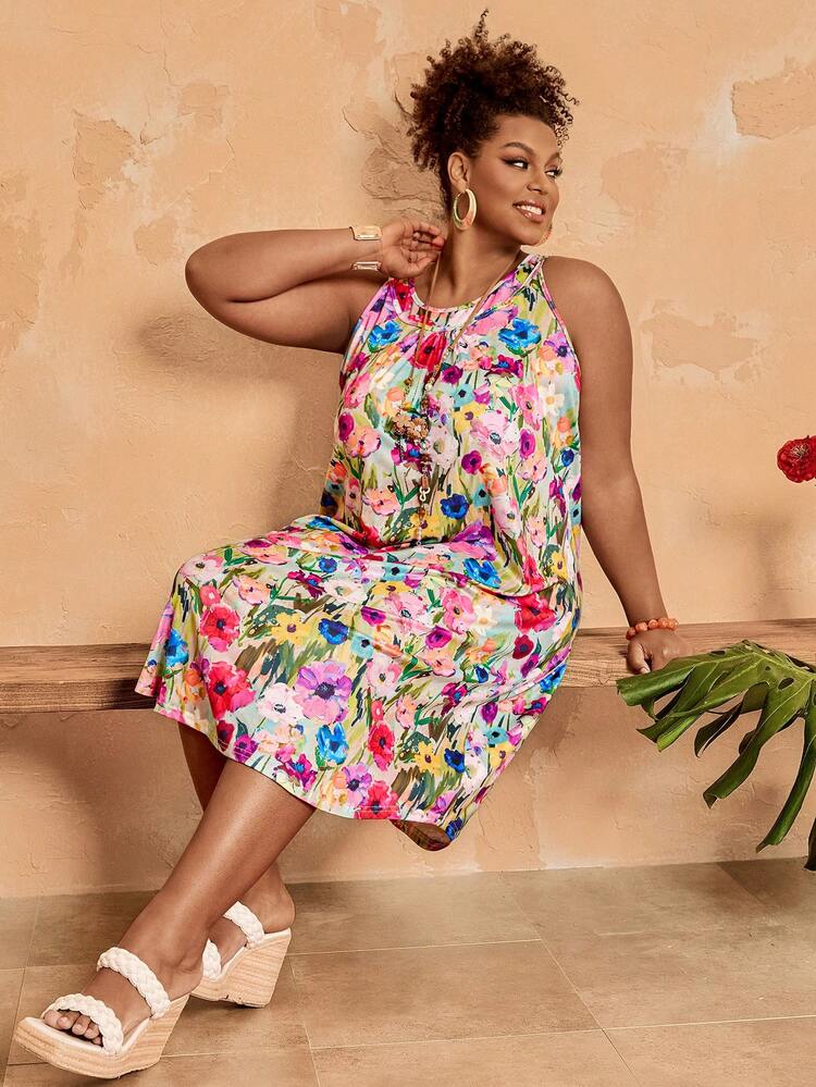 Plus Size Womern Summer Boho Round Neck Sleeveless Floral Print Casual Dress, Gifts For Mother,Summer Holiday,Vacation Outfits Women,Simple And Fashionable For Everyday Wear,Vacay Vibes,Springbreak,Casual Wear SS,Bohemia,Summer Dresses For Women,Flowy Dress,Flower