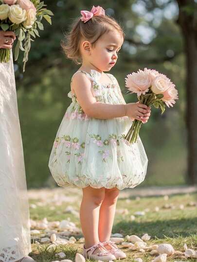 女婴可爱优雅花卉刺绣网纱吊带裙