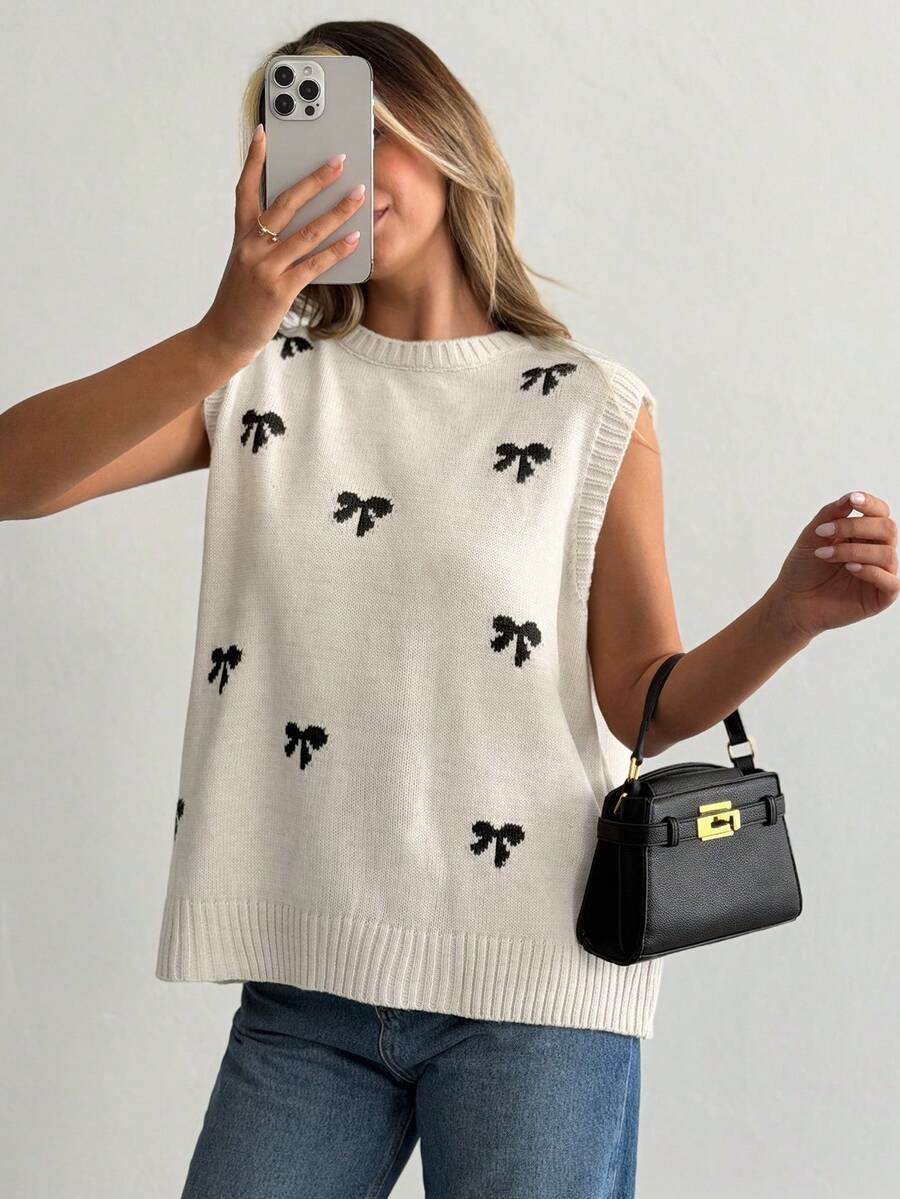 SHEIN Sleeveless Knit Sweater With Back Tie & Bow Pattern Vest - Apricot - View 1