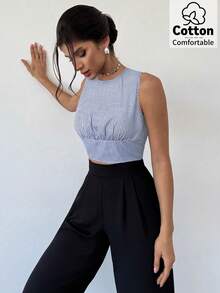 Firerie Women Elegant Blue And White Stripe Backless Sleeveless Striped Top,Summer Seksi Chic Vacation Party Minimalist Delicate Commuting Cotton - Blue and White - View 4