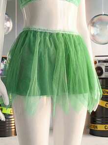 4pcs Set: Ribbed Metallic Camisole, Asymmetrical Mesh Skirt, Butterfly Fairy Wing Ladies Lingerie Costume - Green - View 9