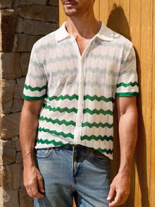 Manfinity RSRT Men's Striped Short Sleeve Front Button Casual Hollow Out Knit Top - White - View 1