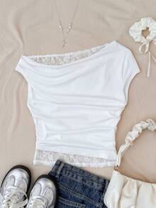 SHEIN Teen Girls White 2 In 1 Lace Shoulder T-Shirt - White - View 3