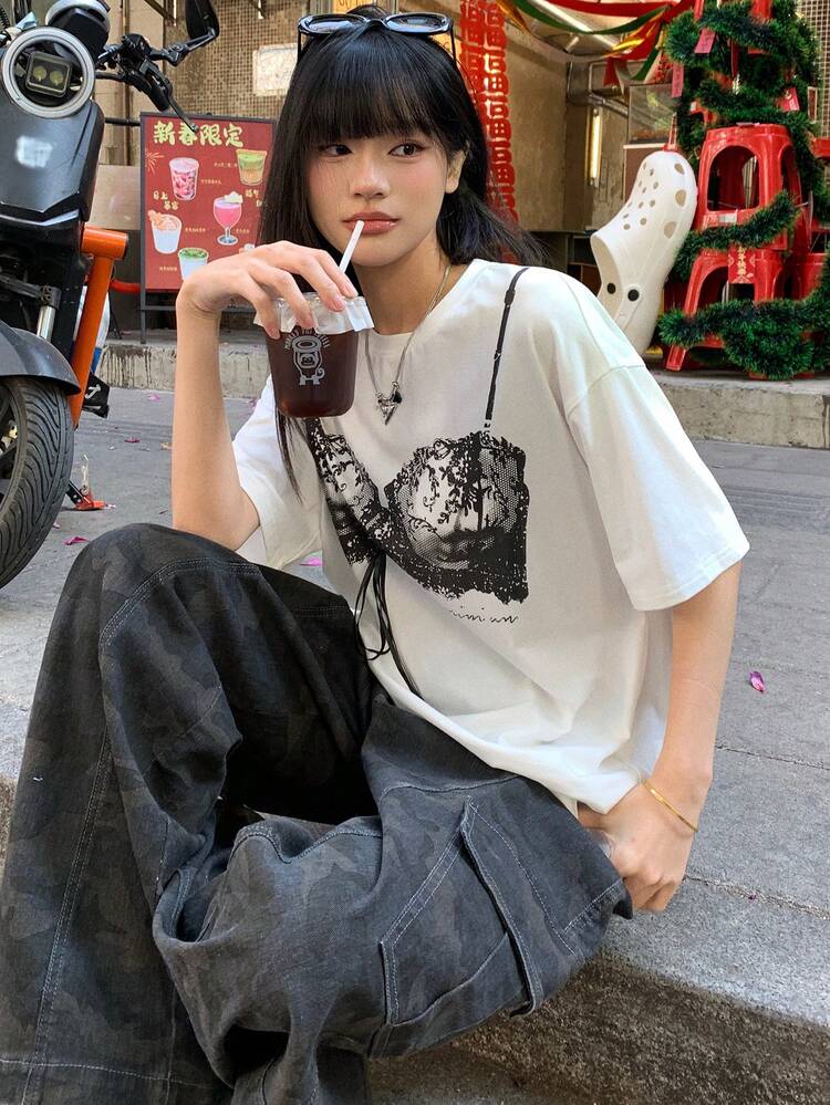 Women's Round Neck Lace Print 2 In 1 Short Sleeve T-Shirt, Korean Style Graphic Tees Women