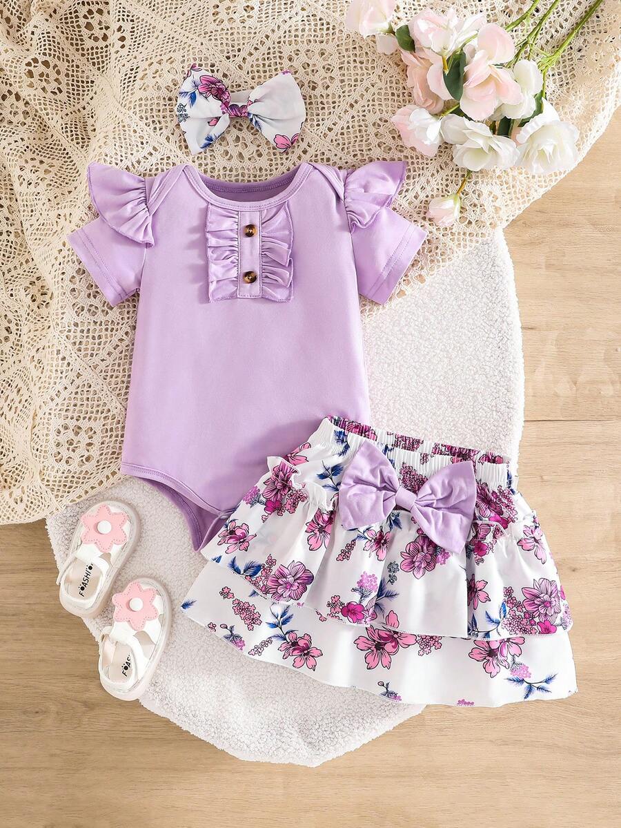 SHEIN Bộ 3 món cho bé gái gồm áo liền quần tay ngắn dễ thương, váy in hoa thắt nơ và băng đô, thích hợp cho mùa hè. - Màu tím - Xem 1