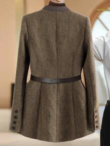 Franclia Petite 一件纯色单排扣优雅假口袋长袖西装外套 - 棕色 - 查看 2