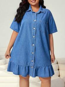 Solflare Rochie de vară pentru femei plus size, casual, cu tiv în volane, model patchwork, din denim, pentru naveta, primăvară-vară, costum de carnaval, naveta, vacanță, absolvire, șic, Y2K, drăguț, streetwear, petrecere, nuntă, elegantă, business, casual, albastru, rochie de damă plus size, cu tiv în volane și mâneci scurte, casual, croială lejeră, plus size, rochie de damă cu tiv în volane, rochie de lucru, rochie de denim, primăvară, modă, noi sosiri, încrezătoare, plus size, drăguță, rochie plus size - Albastru - Vizualizare 4