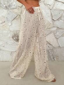 Firerie Women's Elegant Casual Beach Vacation Music Festival Party Low Waist Drawstring Knit Sheer Wide-Leg Pants, Spring/Summer - Beige - View 6