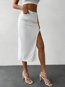EURMUSE Letter Patched Asymmetrical Denim Skirt - White - View 4