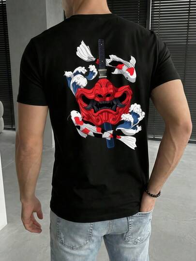Camiseta de manga corta para hombre de verano con estampado gráfico de máscara tradicional japonesa y peces koi estilo Y2K, ajuste regular, 100% poliéster, estilo versátil, peso 180 gramos, 1 pieza