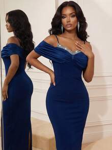 Savoree Women's Rhinestone Decor Off-Shoulder Fitted Elegant Dress - Blue - View 4