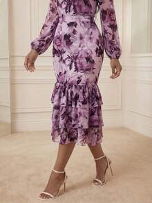 Anewsta Spring & Summer Floral Print Bodycon Layered Ruffle Hem Fishtail Vacation Holiday Sheer Skirt For Women - Mauve Purple - View 4