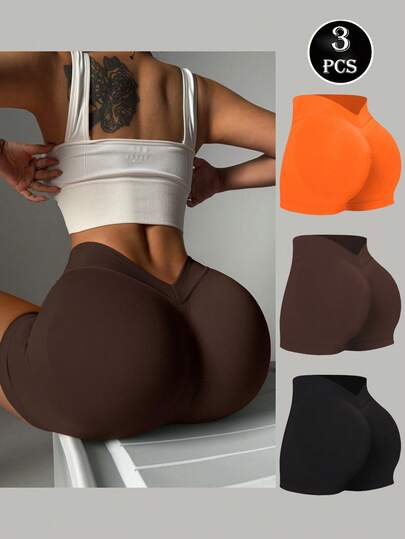 Easithlete 3pcs Women's Alluring Seamless Stretchy Knit Shorts Set, Black, Dark Coffee, Orange, Patchwork Waistband, Yoga, Golf, Outdoor Casual Sports Elastic Shorts