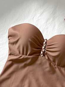 Swim Chiccia Áo tắm liền thân không dây kiểu áo ngực dành cho nữ, màu trơn - màu nâu - Xem 8