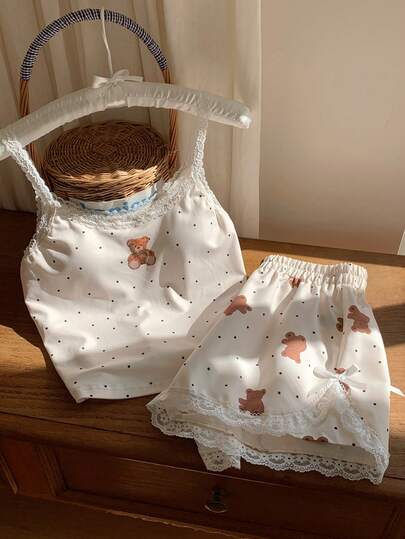 Comfortcana 2026 New Arrival Spring/Summer Women's Summer Casual Polka Dot Bear Print Camisole And Shorts 2 Pieces Set Spring Outfit  Vacation Outfits Women