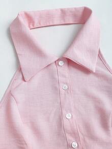 Sweetra French Sweet Elegant Style Girly Pink Collar Design Spring/Summer Fashion New Button Cinched Waist Bow Accent Pure Elegant Women Blouse - Pink - View 7