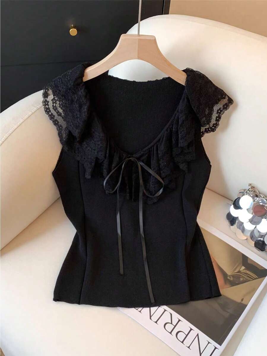GlowEve Áo croptop ngắn màu đen không tay viền ren xếp nếp dành cho nữ mùa hè, kiểu dáng thời trang. - màu đen - Xem 1