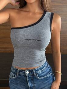 DAZY Atasan Crop Top Wanita Model Kerah Miring, Ketat, Motif Patchwork, dan Kontras Warna dengan Cetakan Huruf - Grey - View 3
