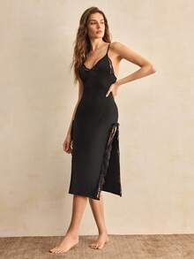 Charlaine Black Lace Patchwork Women's Long Slim Fit Camisole Nightgown - Black - View 4